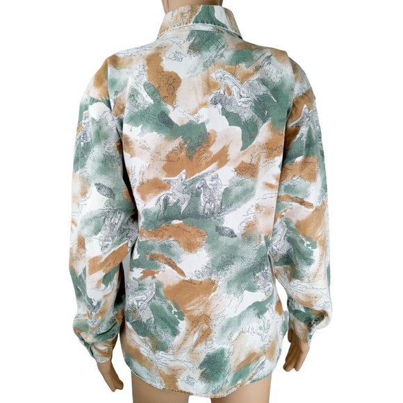 Vintage Roper Women's Western Button Shirt Medium Green Brown Long Sleeve Horses - Picture 2 of 12